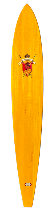 Dale Velzy golden balsawood Hot Curl surfboard King Kamehameha artwork (1990’s)